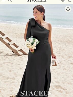 Stacees One-Shoulder Black Gown with Shoulder Bow